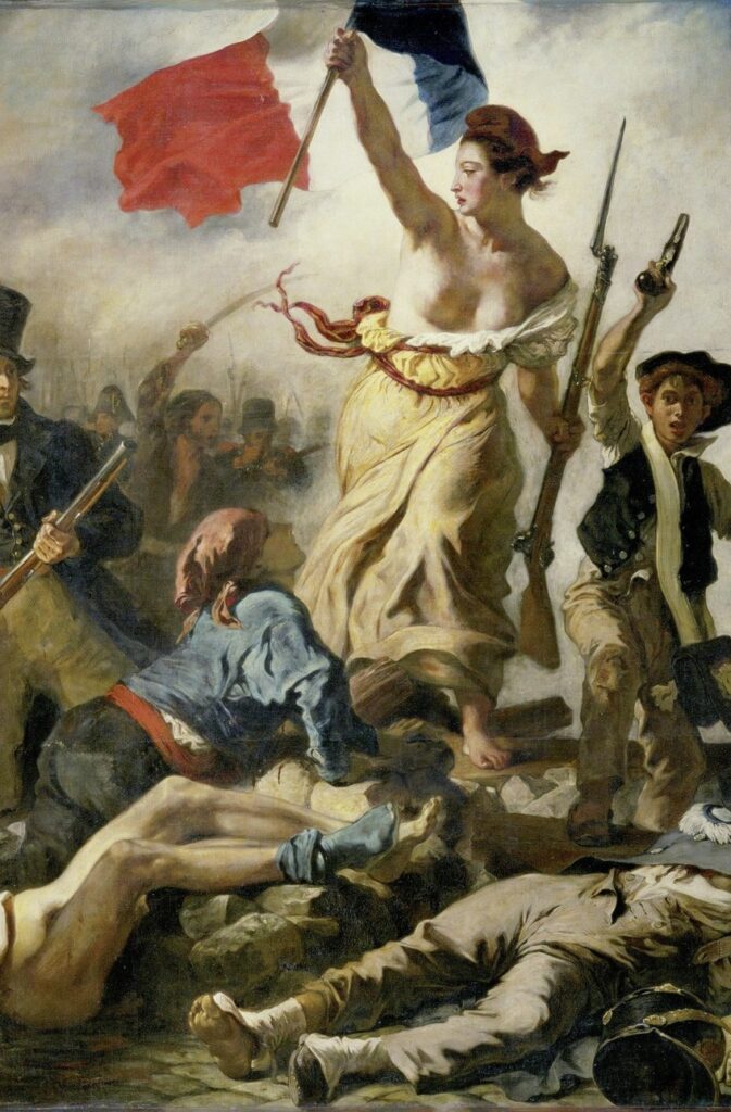 Painting by Eugène Delacroix depicting Liberty as a woman holding the French flag, leading revolutionaries over the barricades during the July Revolution of 1830 in Paris